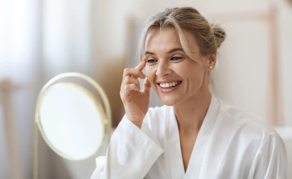 woman looking at melasma in mirror