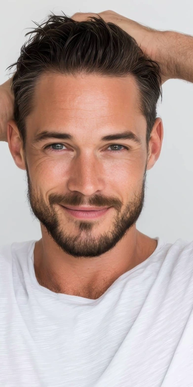 middle-aged man touching healthy hair